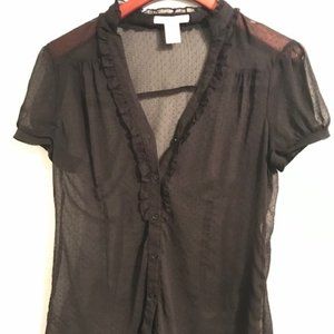 Black Lace Sheer Button Down Blouse